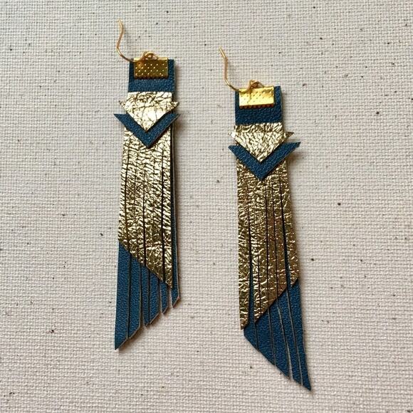 haknik Jewelry - Artisan Handmade Metallic Gold And Green Leather Fringe Western Earrings